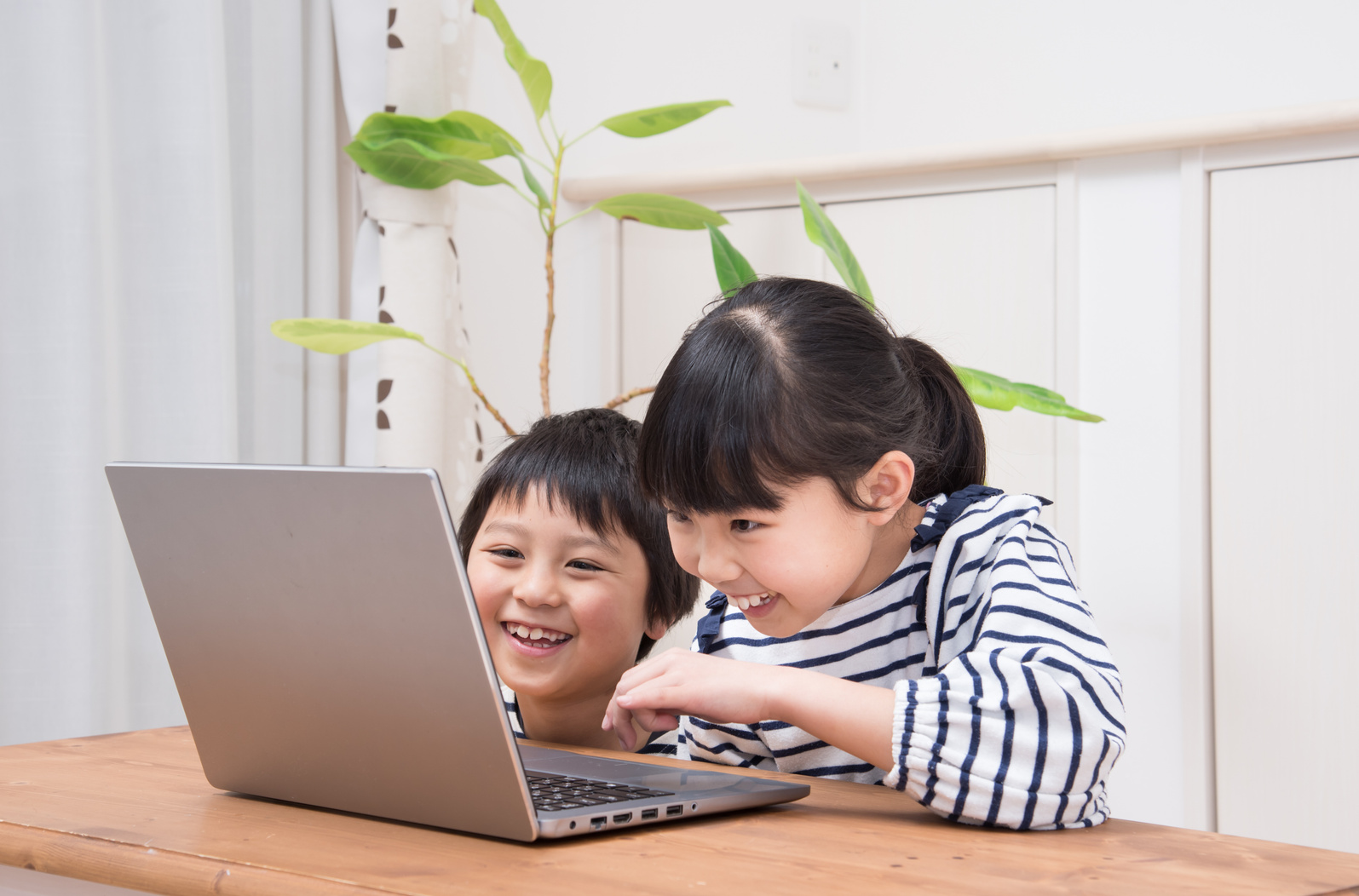 Japanese child studying computer at home